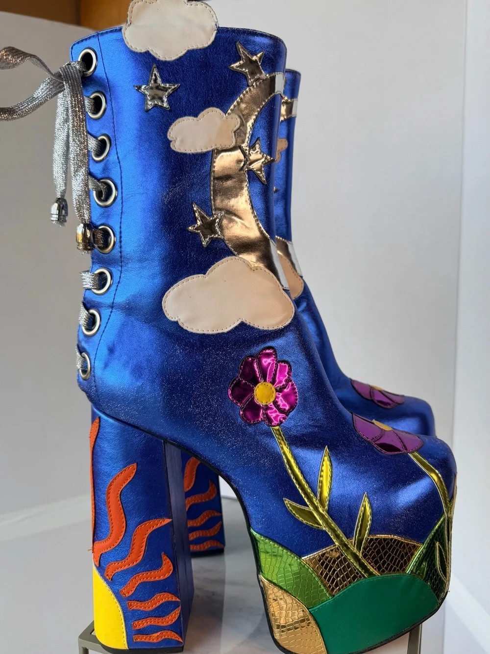 Dolls Kill Metallic Blue Flower & Cloud Platform Boots